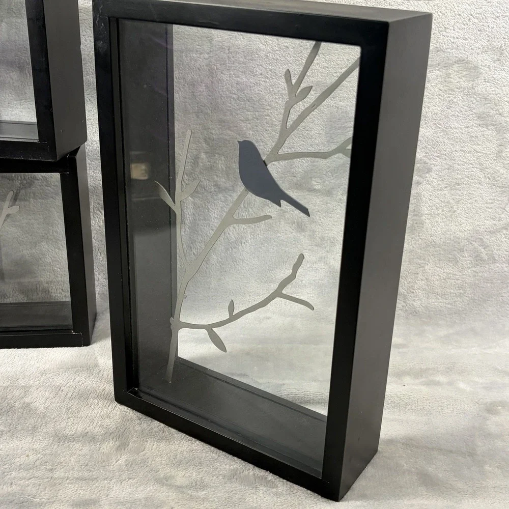 Bird Silhouette Shadow Box Decor Set of 3 Black Frame Glass Branch Modern